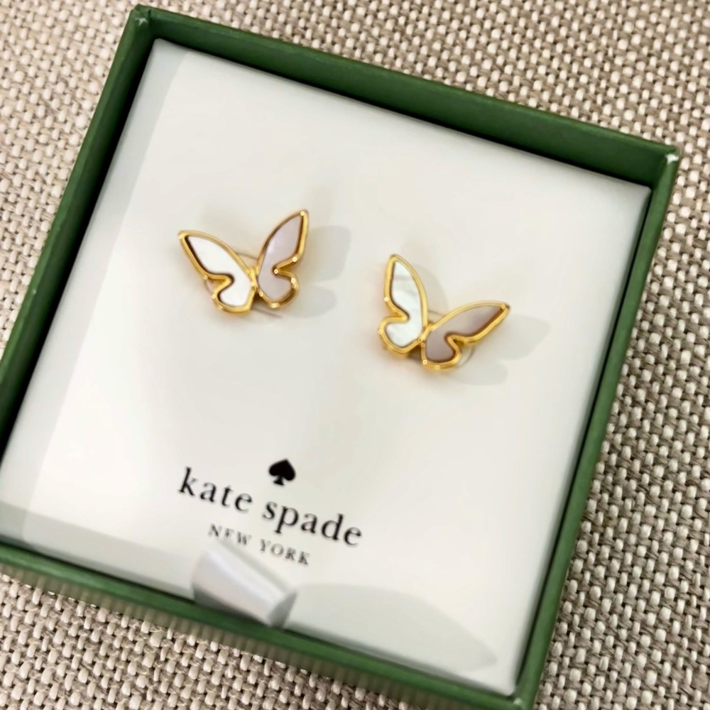 NEW Kate Spade Mother of Pearl Flutter Butterfly Stud Earrings Gold Cream w/ BOX